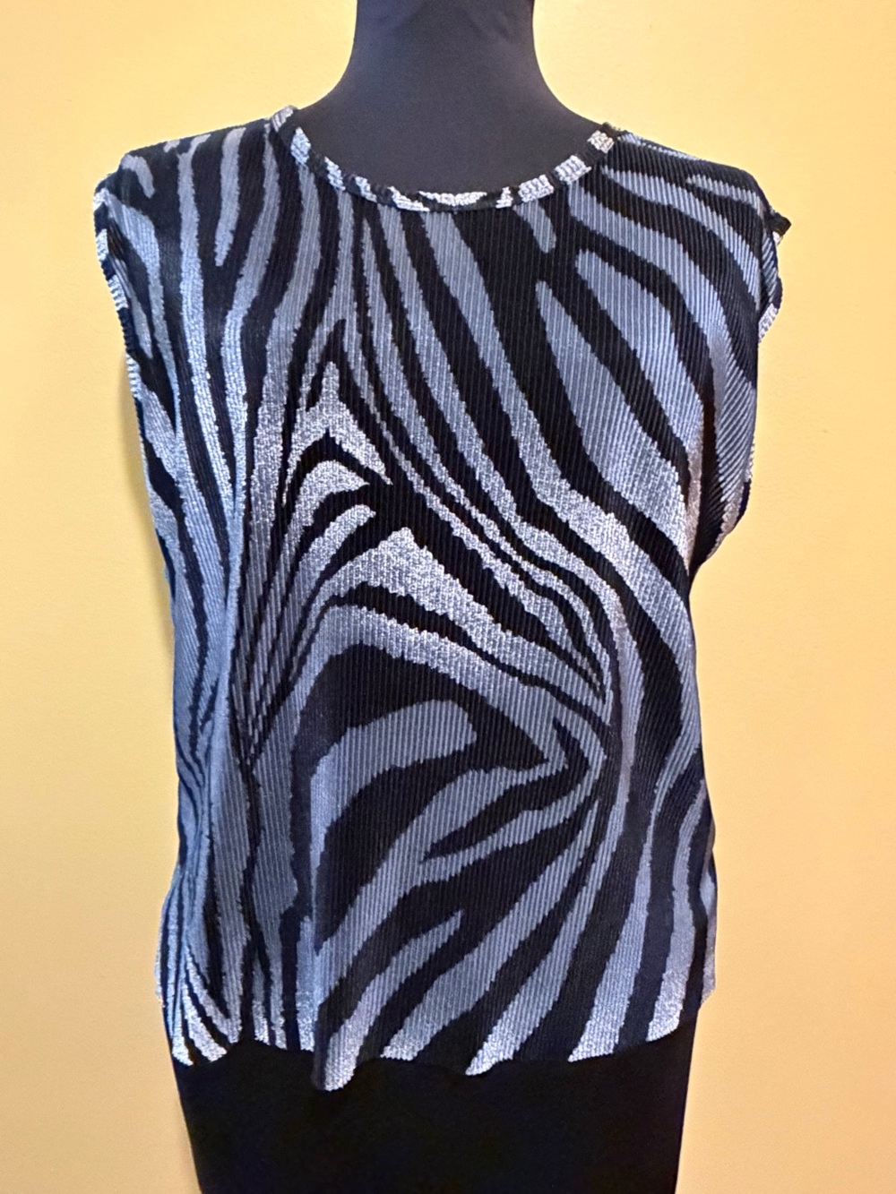 Vintage Plisse Pleated Tank Top Zebra Print Black Gray Silver Women’s XL Y2K